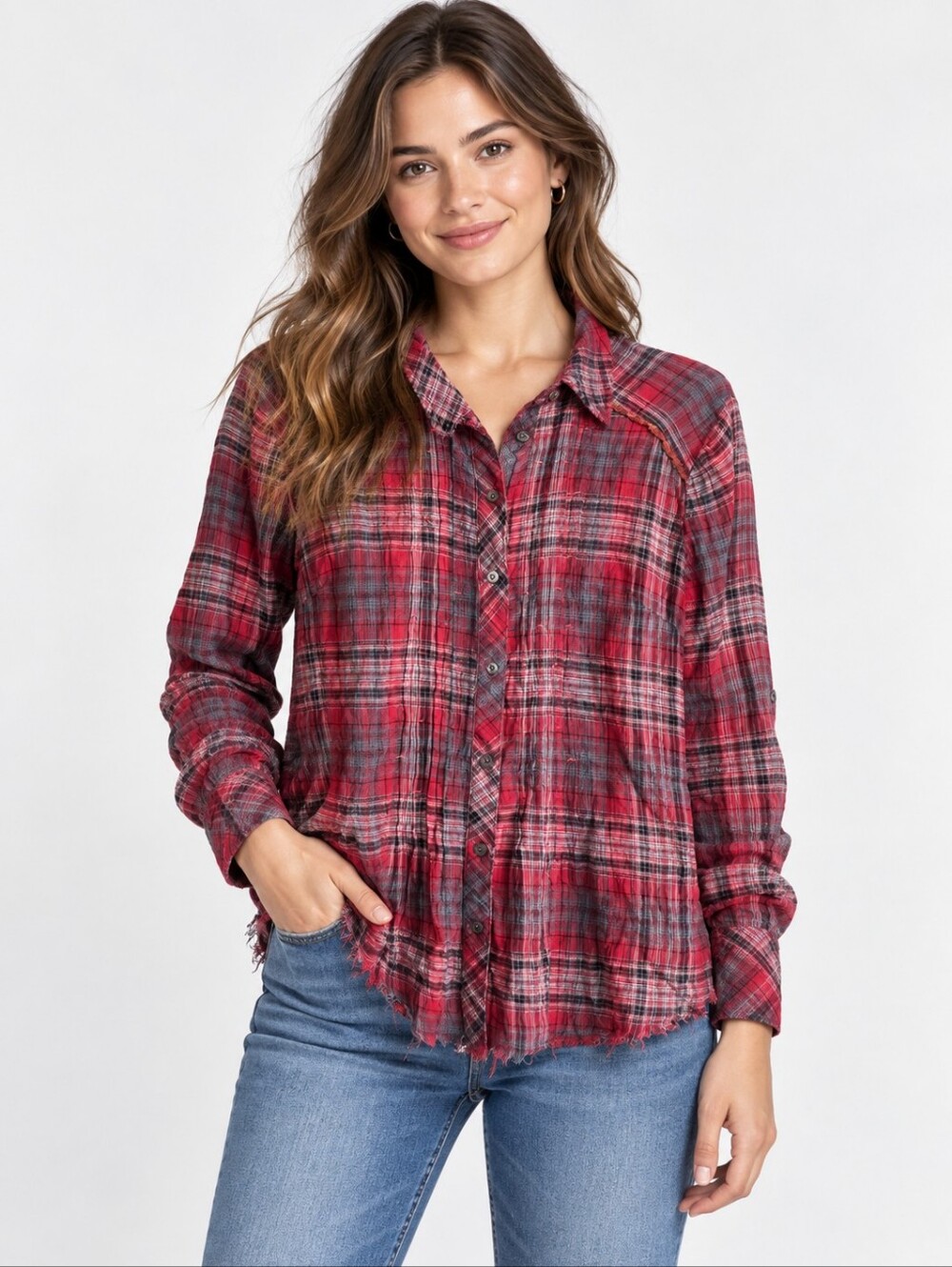 Miss Me Plaid Mixed Media Shirt Rust Knit Back Raw Hem Size L
